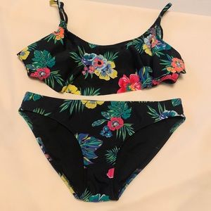 Old Navy Black Floral Kids Swimsuit Top Size Medium, Bottom Size Small